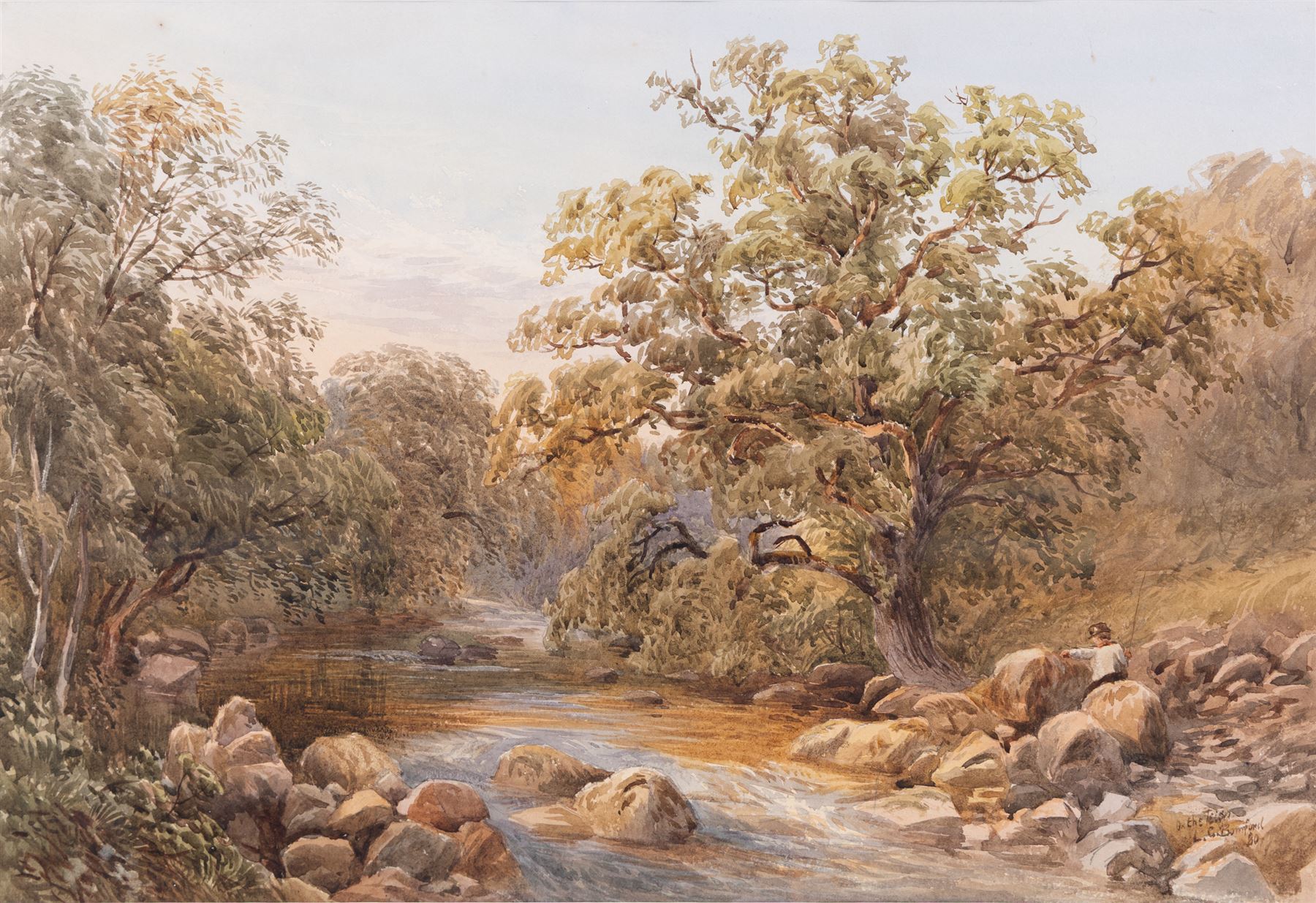 Revd Laurence George Bomford (British 1847-1926): 'On the Teign', watercolour signed titled and dated '80, 34cm x 51cm; Thomas Henry Hunn (British 1857-1928): 'At Goring Church and Mill - Beside the Thames', watercolour signed, titled in a later hand verso 30cm x 49cm (2)