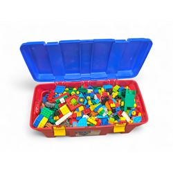 Box of loose Lego Duplo bricks, vehicles and figures