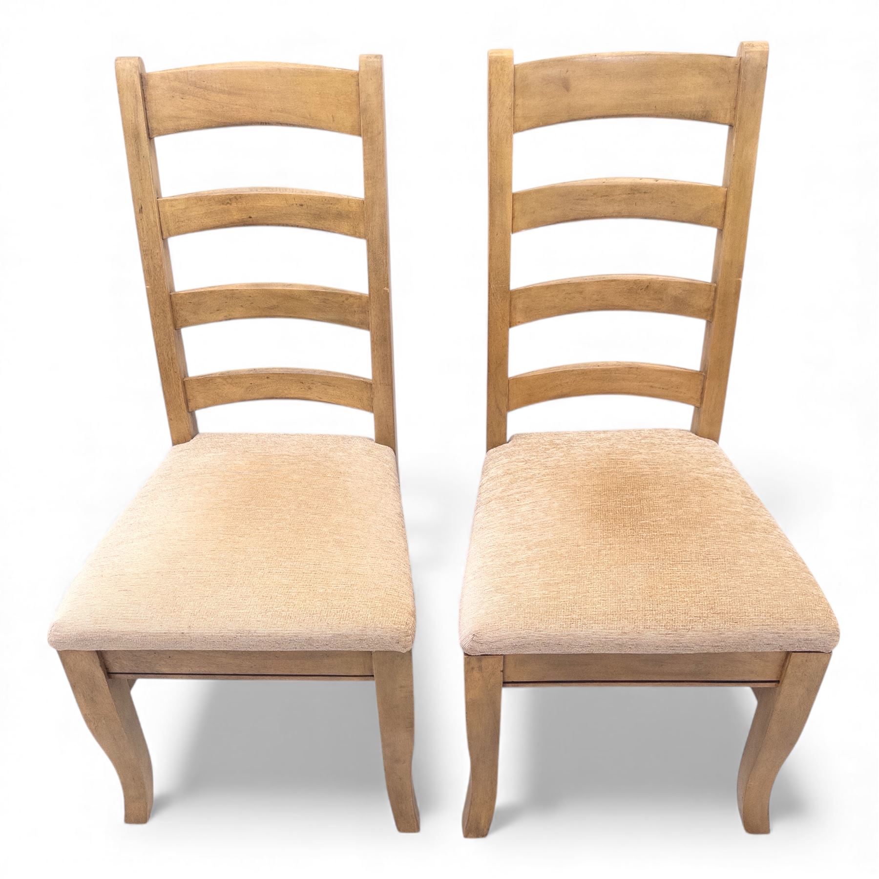 Barker and Stonehouse Flag Stone extending dining table and four matching chairs, the rectangular top with parquetry inlay and contrasting border, extending by central leaf, on slightly curved supports, the chairs with padded upholstered seats and ladder backs (Chairs H 108cm, W 50cm, D 54cm) (Extends to 195cm)