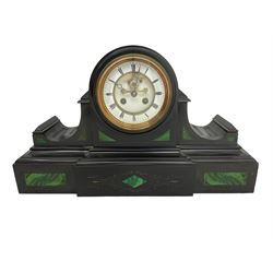 French- Black Belgium slate 8-day Victorian mantel clock  and garnitures with with malachite inlay, drum cased movement with volutes curved supports to the sides, two-part enamel dial with Roman numerals, moon hands and a visible Brocot escapement, striking movement, striking the hours and half-hours on a bell, with matching portico garni in the form of a Roman temple. With pendulum.