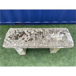 Three piece sandstone garden bench, weathered and hand tooled rectangular seat on two supports  - THIS LOT IS TO BE COLLECTED BY APPOINTMENT FROM DUGGLEBY STORAGE, GREAT HILL, EASTFIELD, SCARBOROUGH, YO11 3TX