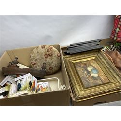 Wicker basket chest with four drawers, quantity of figures, Leonardo Collection boxed mugs, quantity of watches, toys, large doll, framed prints, twin handled wicker basket etc in three boxes