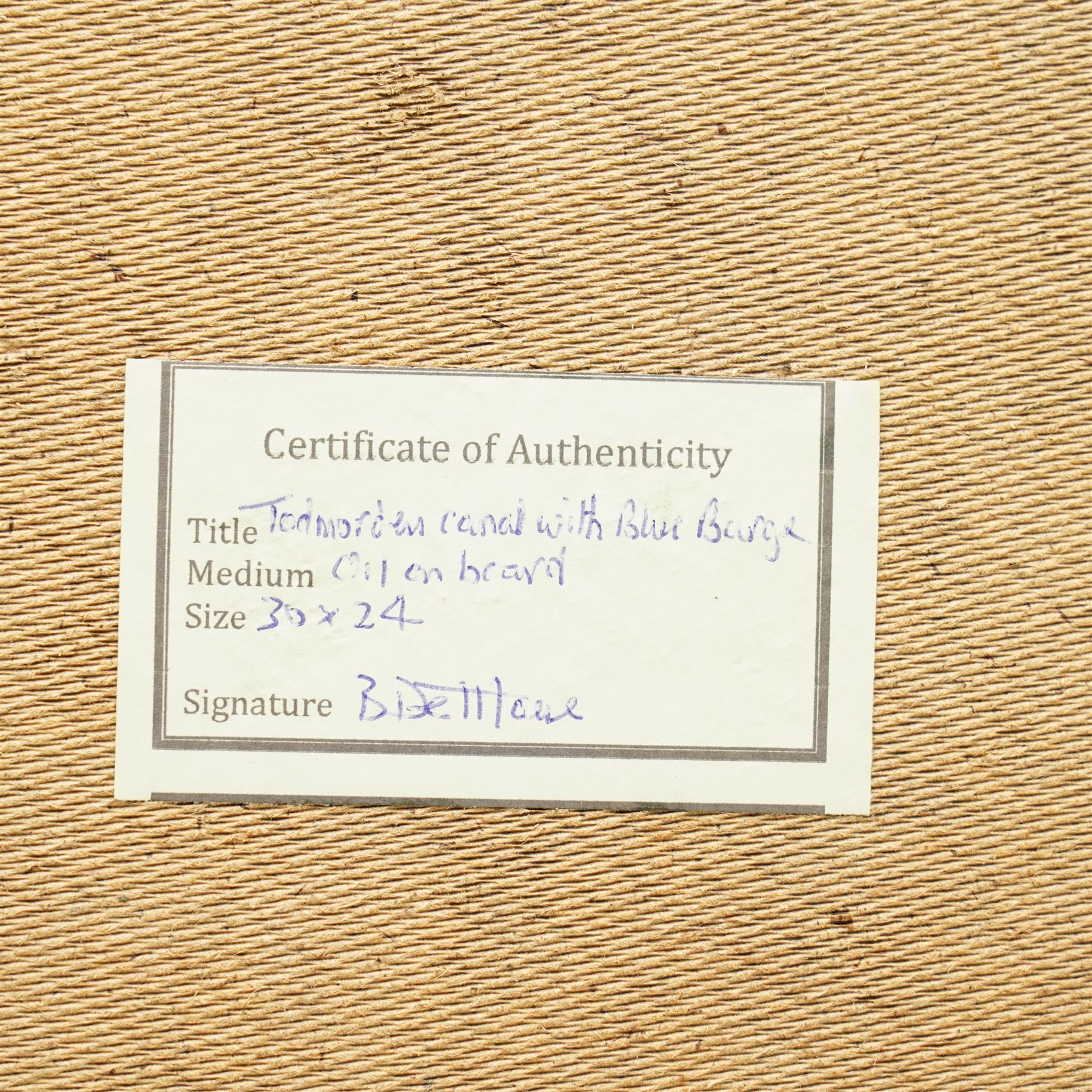 Barry De More (Yorkshire 1948-2023): 'Todmorden Canal with Blue Barge', oil and impasto on board signed, titled verso with Water Street Gallery label 61cm x 76cm
Notes: Acclaimed as one of the North's greatest expressionist artists, Barry De More (1948-2023) used a heavy impasto style to transfer his love of Yorkshire landscapes, townscapes and people to canvas. His work sits comfortably in the company of work by Kossoff and Auerbach, selling to collectors in the UK and overseas. De More's work can be found in the permanent collection of work by Northern Artists at Dean Clough, one of the UK's largest contemporary art galleries.