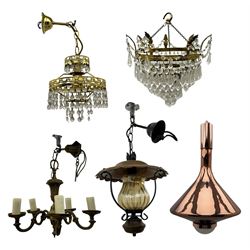 Collection of vintage and modern light fixtures, including copper pendant light, brass five-arm chandelier, hanging lantern and two small chandeliers with hanging faceted droplets (6)