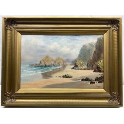 J Muller (British late 19th century): Lion Rock at Watergate - Newquay, oil on canvas signed and dated 1895, 30cm x 45cm