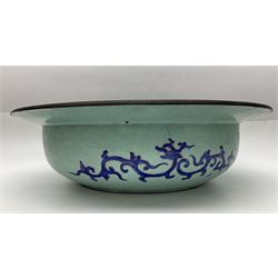 18th/19th century Chinese Canton enamel basin, the circular basin with flat everted rim, decorated with scrolling foliate and fruit decoration on a blue ground, D43cm