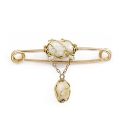 Early 20th century gold pearl necklace, three baroque pears within a wirework setting, spaced between fine belcher links and a similar 14ct gold brooch