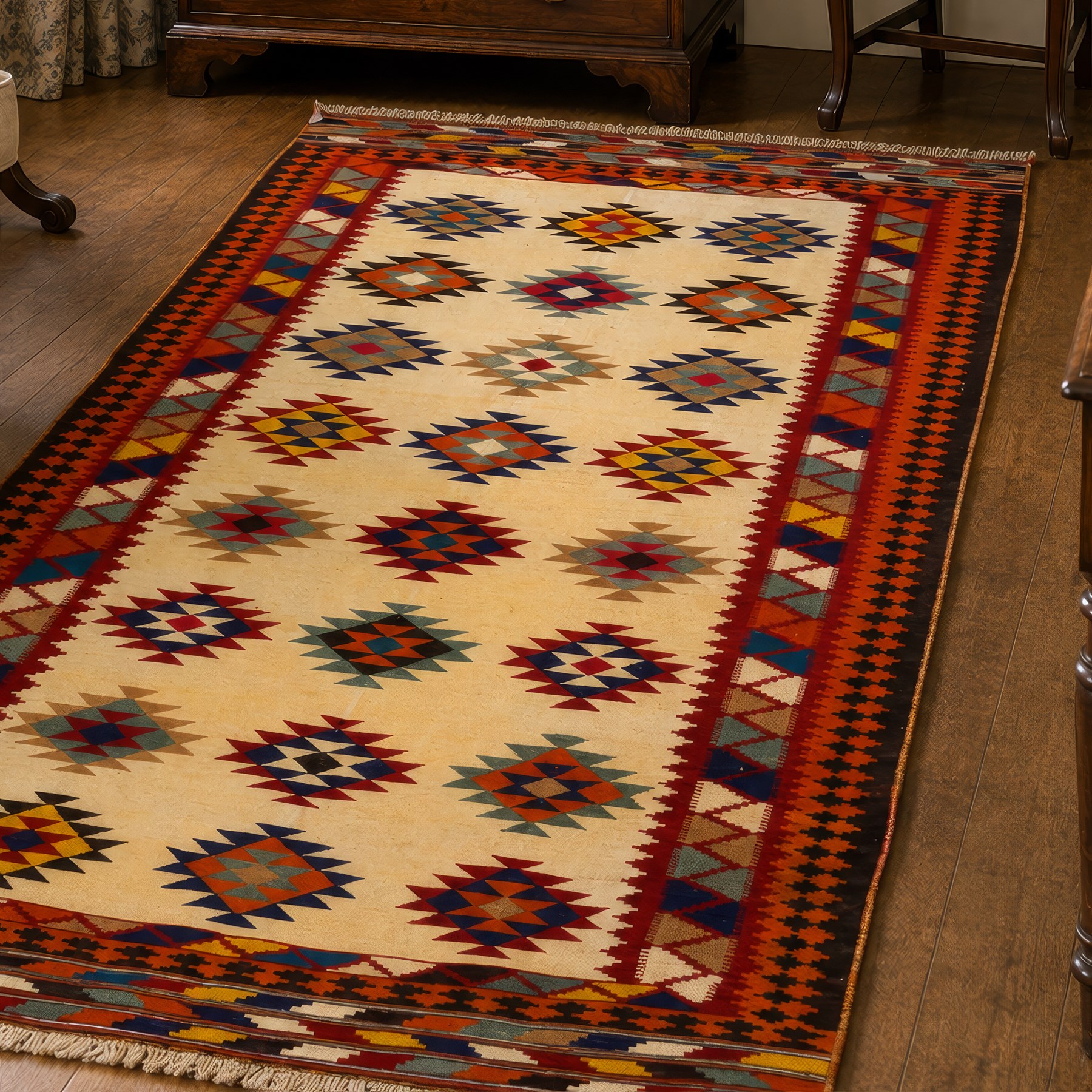 South West Persian Qashqai flatweave kilim, ivory field decorated with rows of multicoloured stepped diamond medallions composed of angular geometric motifs, enclosed by bold polychrome borders of triangular devices and stylized geometric, ornamentation, with fringe ends 