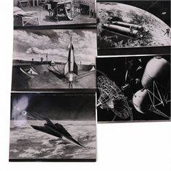 Fourteen black and white photographs of artwork by Ralph Andrew Smith, including images used in 'The Exploration of Space', a sketch of auto probe rocket for planetary survey and Inside Lunar City, etc, two with annotations written by Arthur C Clarke verso, H20, W25cm

Notes: This item is from the private collection of Arthur C. Clarke's brother.