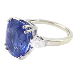 French 18ct white gold and platinum three stone unheated Ceylon sapphire and diamond ring, the single mixed cushion cut sapphire of 8.49 carat, with Gem Paris report, flanked by pear cut diamonds, hallmarked, total diamond weight approx 0.60 carat