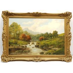 P Kilner (British 20th century): Upland River Landscapes, pair oils (one on canvas, one on board) signed 50cm x 75cm (2)