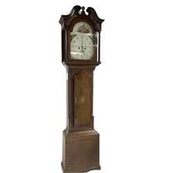 Charles Fletcher of Barnsley - Oak and Mahogany 8-day longcase clock, c 1830, with a swans neck pediment, silk backed open fret work beneath and a break arch hood door, flanked by reeded pilasters with wooden capitals, trunk with reeded quarter columns and a break arch topped door, plinth with inlaid banding on a shaped base, painted dial with Arabic numerals, seconds and date dials, stamped brass hands and painted depictions of the four seasons to the spandrels, dial pinned via a false plate to a rack striking movement with a recoil anchor escapement, striking the hours on a cast bell. With weights and pendulum.