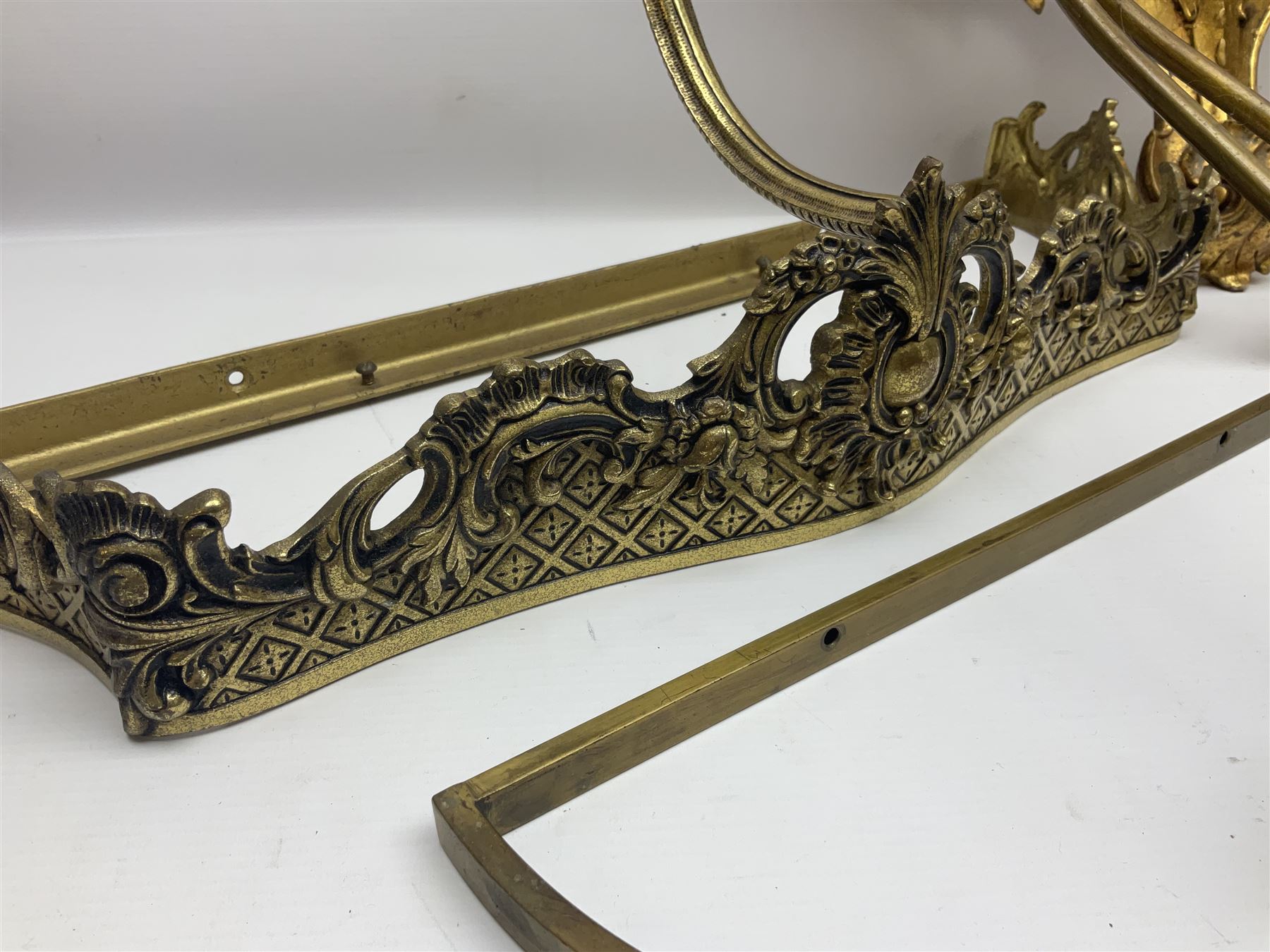 Five various giltwood and other hall brackets, one with marble top; and Viking ship table lamp