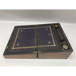 Victorian mahogany writing slope, the brass bound hinged cover opening to reveal tooled leather and gilt interior with two glass inkwells, together with a similar parquetry inlaid writing slope, with central mother of pearl inlay enrgraved 'Sarah', tallest H17cm 