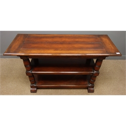  Mahogany three tier console table, four turned supports two sledge feet, W55cm, H81cm, L143cm  