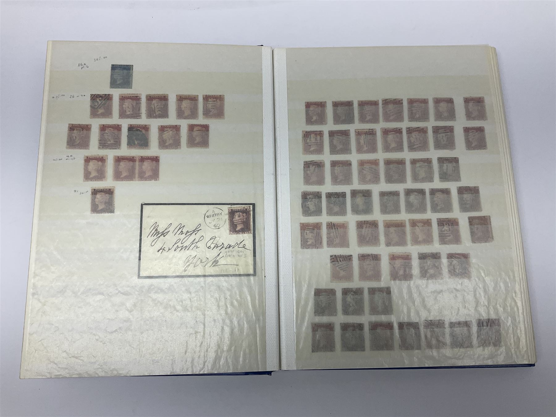 Mostly Great British Queen Victoria stamps, including penny black with black MX cancel, 1840 two pence blue with black cancel, imperf penny reds singles and pairs, perf penny reds stars and plates, various postmarks or cancels, penny reds on pieces or covers, halfpenny 'bantams', other QV issues with some higher values etc, housed in a blue stockbook