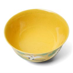 Chinese porcelain bowl, decorated with flying cranes amidst clouds and beneath a sea of waves, six character Yongzheng beneath, D10.5cm