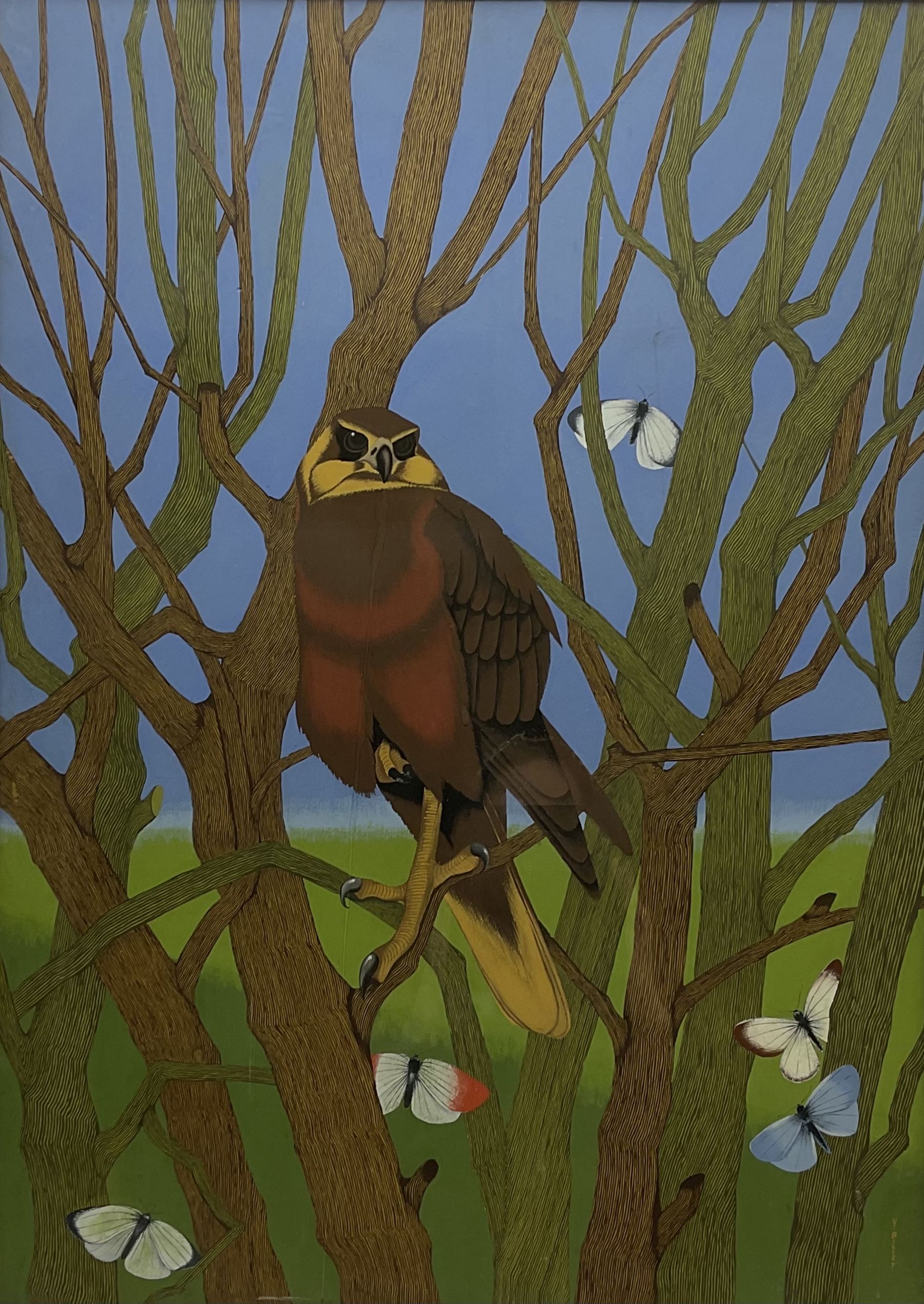 Yves Billet (Belgian 1934-1991): Surrealist Hawk and Butterflies, gouache signed 75cm x 53cm