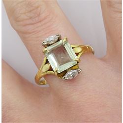 18ct gold three stone emerald cut pale green beryl and marquise shaped diamond ring, Sheffield 1995