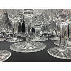 Set of Waterford Crystal Lismore pattern drinking glasses for six people, including hock glasses, goblets, champagne flutes,  sherry glasses, liqueur glasses, hi ball glasses, whisky glasses, brandy balloons, etc, all with etched maker's mark beneath  (62)