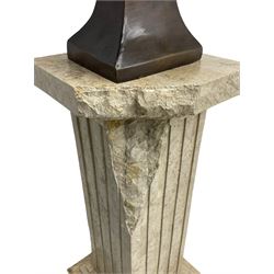 Large bronzed bust of a Greek scholar, upon socle base, and marble effect composition plinth, bronze H71cm, overall H162cm