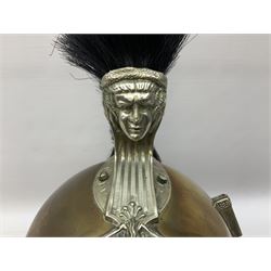 French Model 1913 mounted gendarmerie helmet; brass bodied with nickel mounts, chin strap, comb and horse-hair H27cm (no liner)
