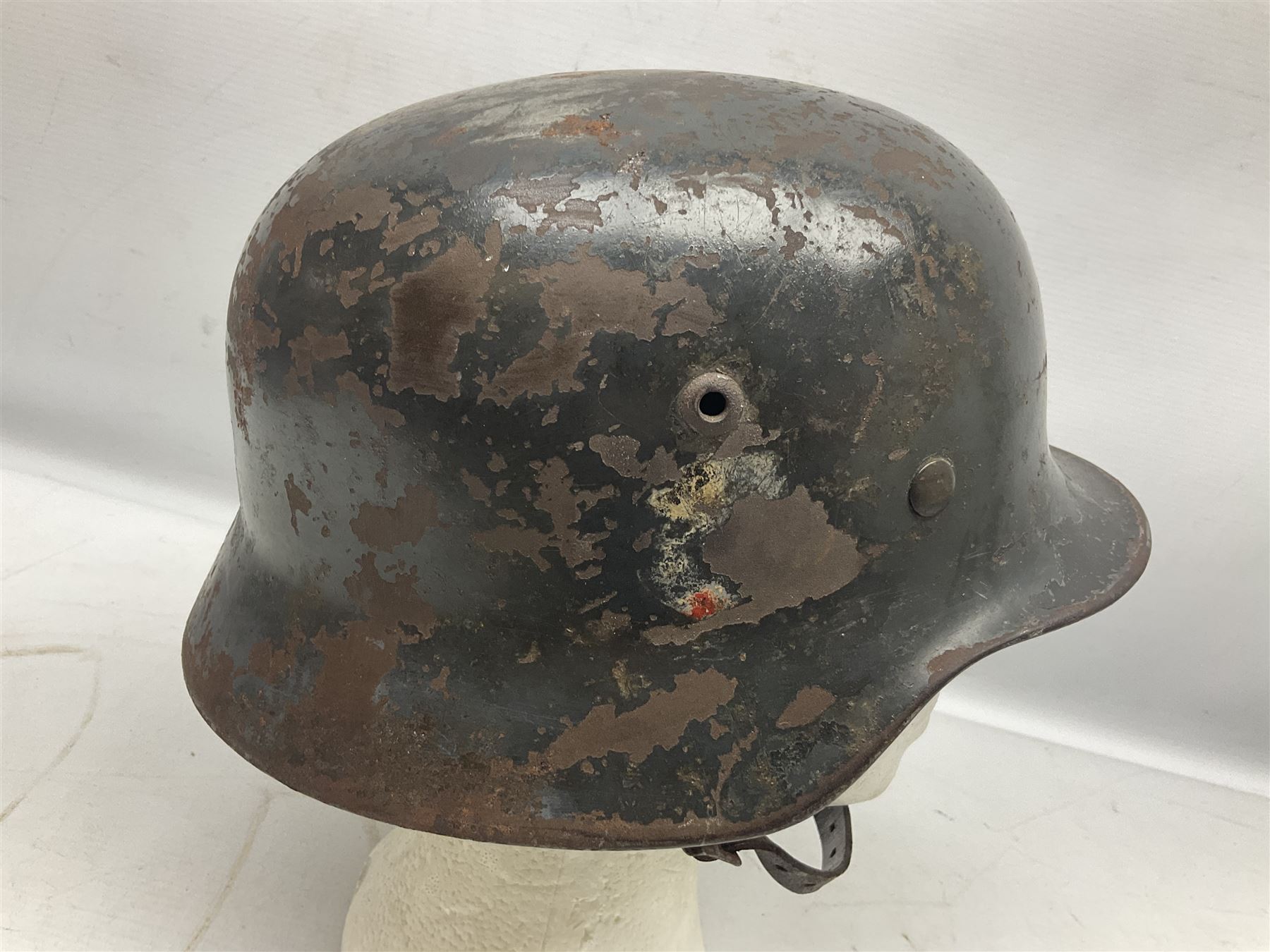 WW2 German Luftwaffe M40 double decal steel helmet with liner and chin strap; impressed 506 to back skirt; indistinct stencil type name(?) to inside