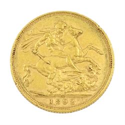 Queen Victoria 1892 gold full sovereign coin, Sydney mint