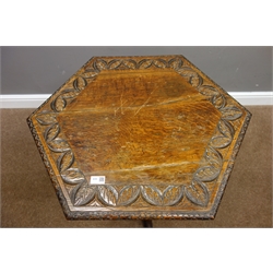  Victorian oak tripod top, carved hexagonal tilt top, turned column with three splayed supports, D72cm, H68cm  