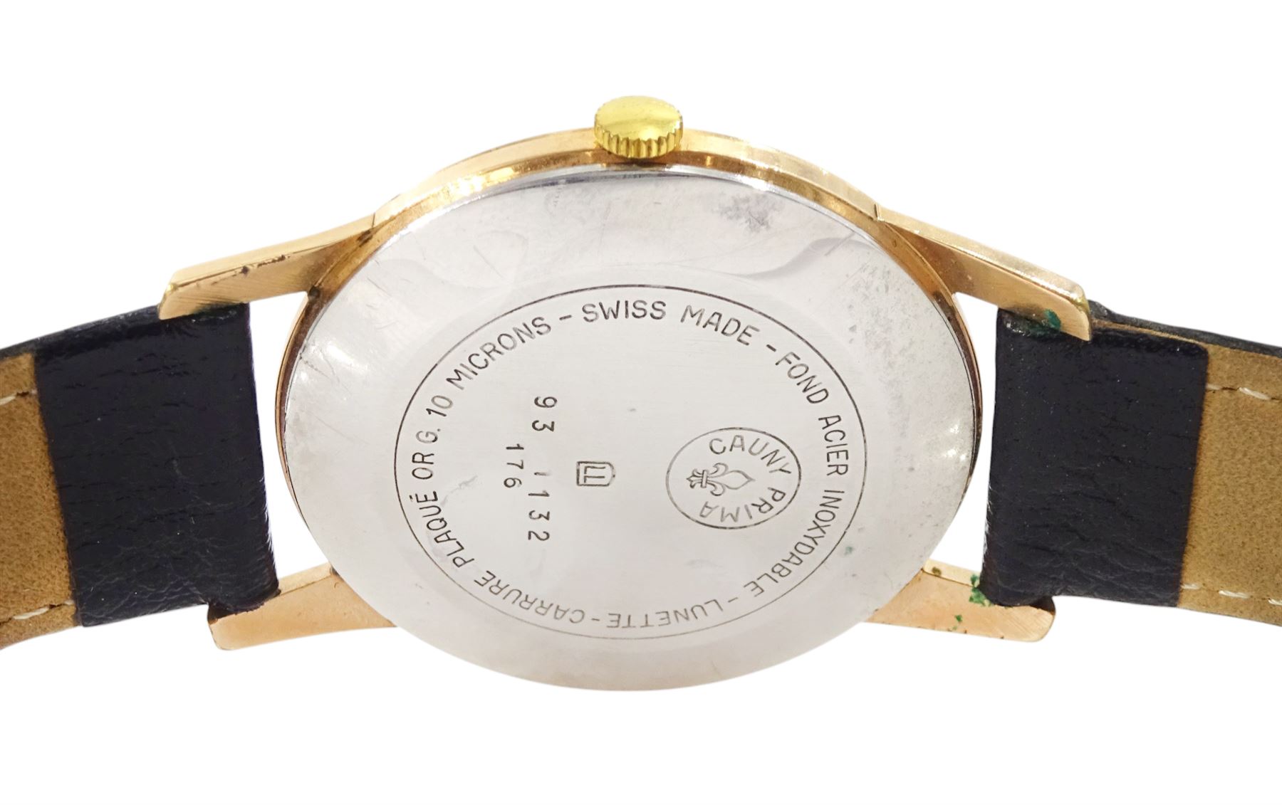 Cauny Prima gentleman's gold-plated and stainless steel manual wind wristwatch, black dial with dagger and Arabic hour markers and subsidiary seconds dial, on black leather strap