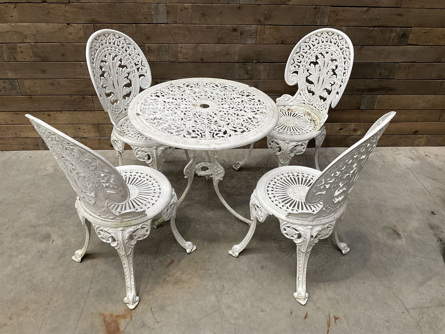 Victorian design white painted aluminium garden table, and four chairs
