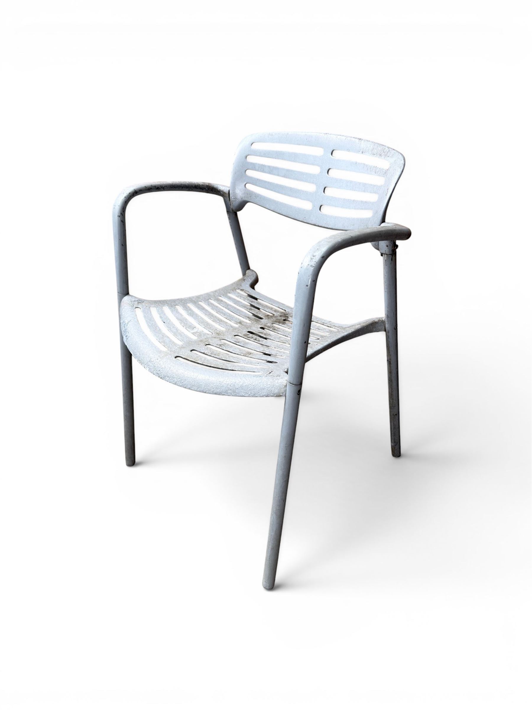 Set of eight mid-20th century painted aluminium garden armchairs, curved backs with shaped seat, stackable