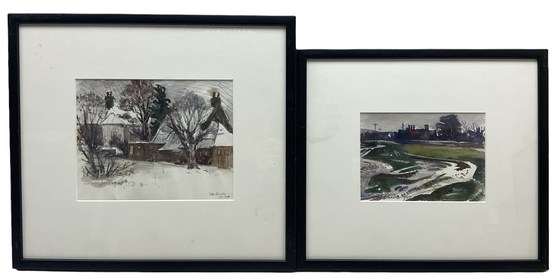 Fyffe Christie (British 1918-1979): Snowy Garden and Industrial City Suburb Landscape, two watercolours signed and dated 1970 & 1967, respectively, max 17cm x 21cm (2)