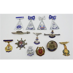  Collection of Naval sweetheart brooches including H.M.S. Vaguard, Royal Marines, mother of pearl, enamelled etc, provenance - a Private Yorkshire collector (13)  