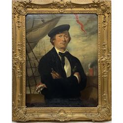 Thomas Joseph Banks (British 1828-1896): Sea Captain and his Wife - half length portraits, pair oils on canvas signed and one dated 1860, 90cm x 70cm (2) 
Notes: the ensign flying above the Captain's head appears to read Endaunted but may refer to the famous 'Undaunted' which was broken up in 1860