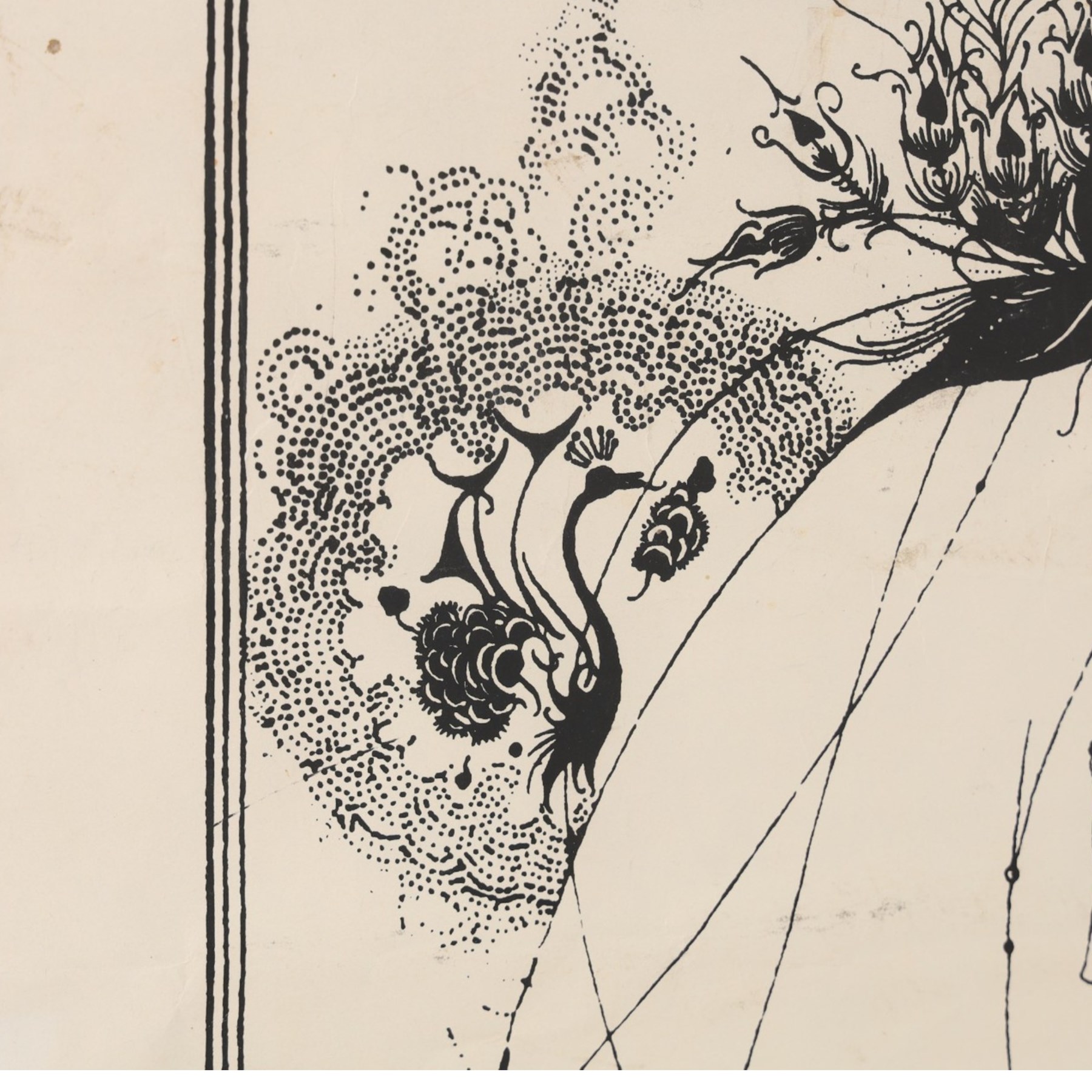 After Aubrey Beardsley (British 1872-1898): The Peacock Skirt, monochrome lithographic poster unsigned 54cm x 39cm
Notes: The original design was a one of sixteen illustrations from Oscar Wilde's play Salome: A Tragedy in One Act.