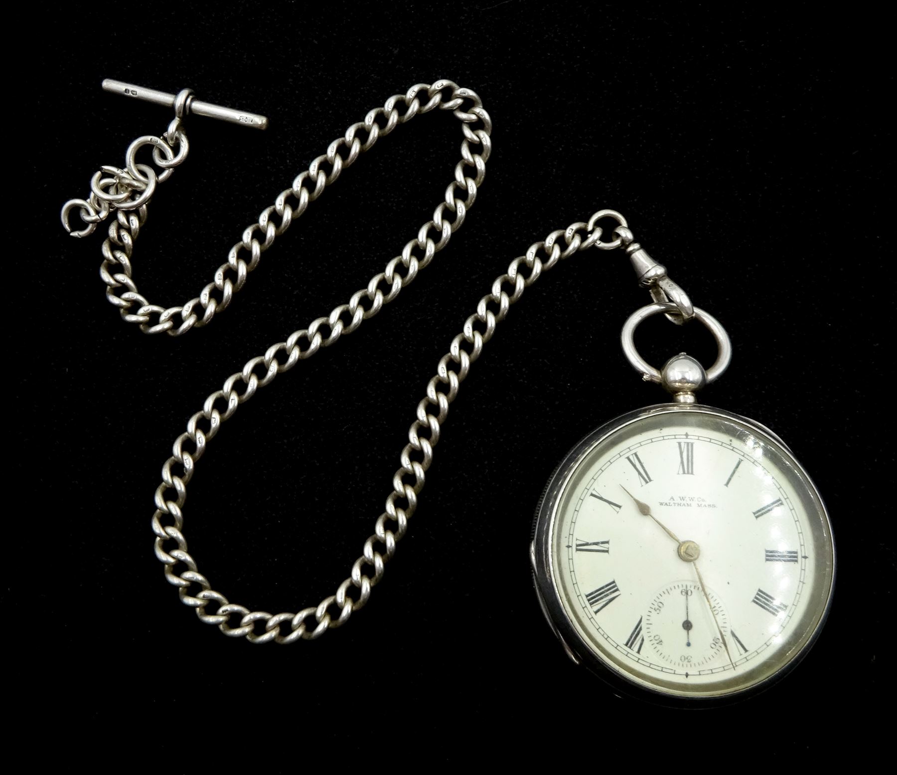 Victorian silver open face key wound pocket watch by American Watch Company, Waltham, No. 8908643, white enamel dial with Roman numerals and subsidiary seconds dial, Birmingham 1900, with silver Albert watch chain, each link hallmarked