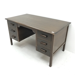 Early 20th century vintage oak twin pedestal desk, six drawers, square supports, W137cm, H77cm, D76cm