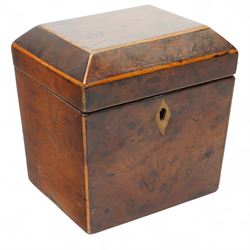 Georgian era single compartment burr yew wood tea caddy, of tapered square form, H12cm