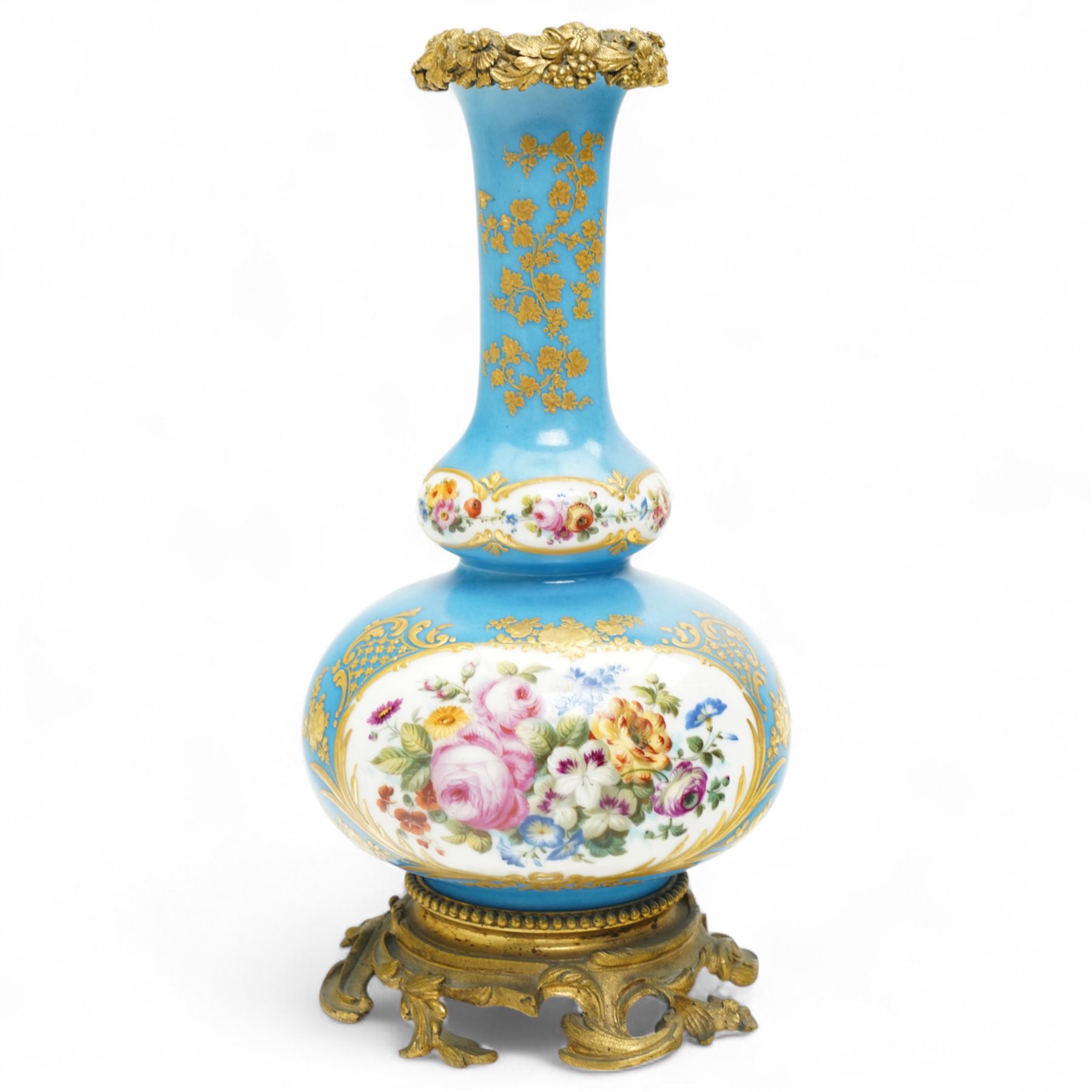 19th century French porcelain vase in the manner of Sevres, the reserves painted with birds within a landscape and floral bouquets, on a turquoise ground with gilt highlights, with ormolu style gilt metal collar and base, H26cm