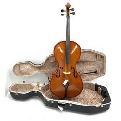 Cello by Andreas Zellar of Romania for Stentor Music Co. Ltd. with 75.5cm two-piece maple back and ribs and spruce top, bears label, L122cm overall, in hard carrying case with bow