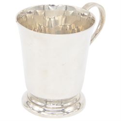 Set of six Scandinavian silver demitasse spoons decorated with green guilloche enamel, stamped 925s, together with a similar Scandinavian silver spoon in yellow guilloche enamel and 1950's silver christening cup, hallmarked J B Chatterley & Sons Ltd, Birmingham 1959, cup H7cm  