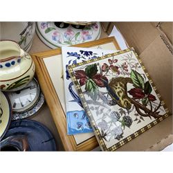 Set of four contemporary Mosa Holland tiles, three further tiles, Grayshott pottery clock, motto ware teacup and saucer, jug and mug, Royal Albert Old Country Roses, Chinese mud men figures, Spode etc