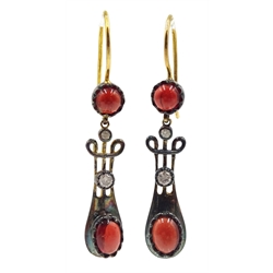 Pair of silver and gold cabochon garnet and diamond pendant earrings
