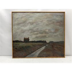 James Neal (Northern British 1918-2011): 'The Holderness Drain', oil on board signed, artist's address labels and title verso 71cm x 74cm
Provenance: East Yorkshire private collection purchased from the artist. Neal was accepted at St Martin's School of Art in 1932, aged 14. In 1958 he moved to Hull as Lecturer in Painting and Drawing at Hull Regional College of Art, then becoming Senior Lecturer in the History of Art. Over the next fifty years he became well known for painting scenes around the Hull area. Ferens Art Gallery, has twice mounted major retrospective exhibitions of James Neal's work