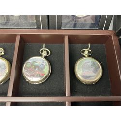 Twenty-three Glory of Steam Atlas Editions silver plated pocket watches, to include The Scottish Horse, Merchant Navy Class, etc, with wood display case, all boxed, twenty one with certificates