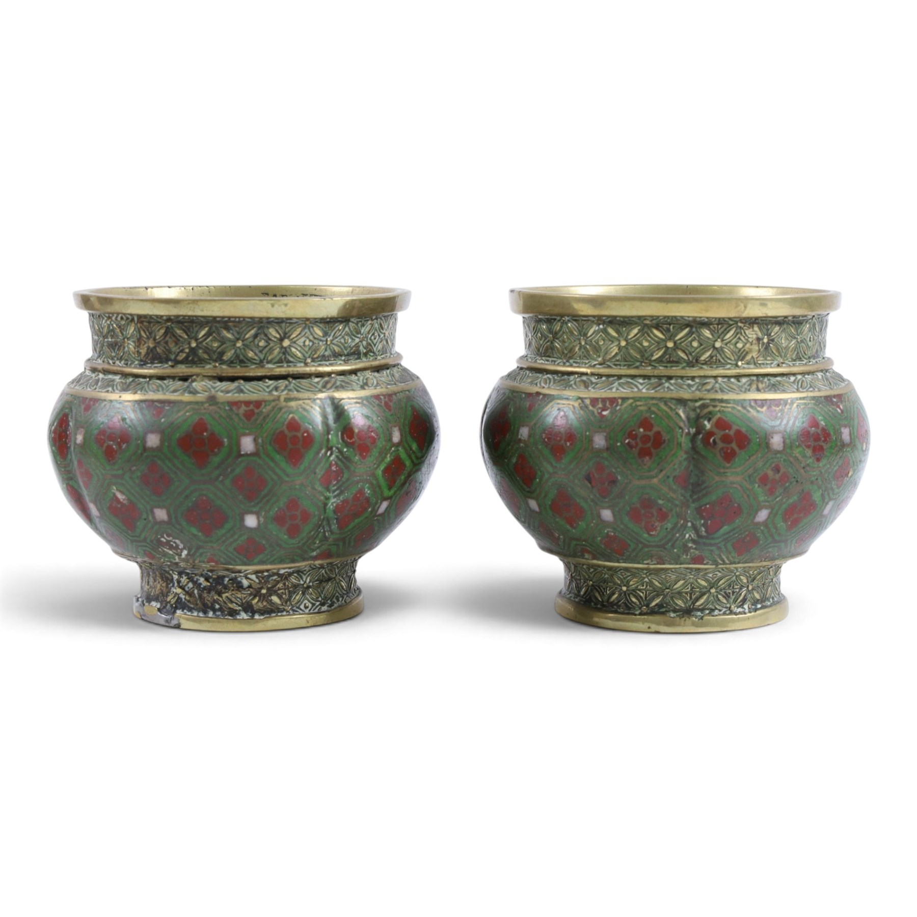Pair of cloisonne bowls, decorated with flowers upon a blue ground, together with a pair of cloisonne pots, teapot and hot water pot