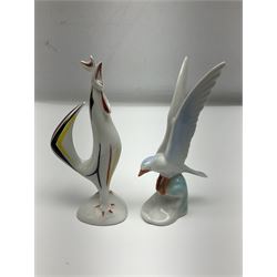 Group of seven Hollohaza of Hungary figures of birds, to include cranes and cockerels, all with printed marks beneath, tallest H19cm