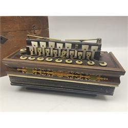 19th Century inlaid rosewood Flutina accordion, stamped Busson of Paris, having sixteen mother of pearl keys and six fold floral decorated bellows L30cm; in baize lined mahogany box