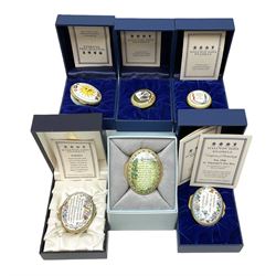 Six Halcyon Days enamel boxes, each with affectionate or humorous inscription, each in fitted box